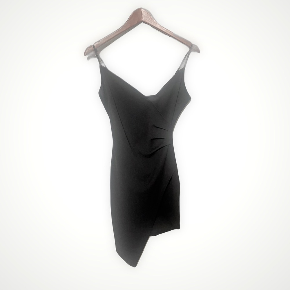 Black Asymmetrical Ruched V‑Neck Bodycon Dress Size Medium Minimalist Cocktail